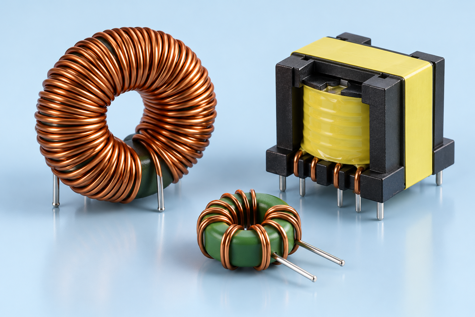 Illustrative copper-wound toroidal inductors and ferrite transformer